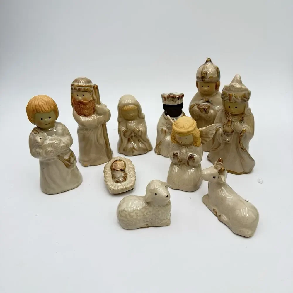 Nativity Scene Glazed Ceramic 10 Piece Set NO Wooden Base Kirklands VGC‎ Vintage